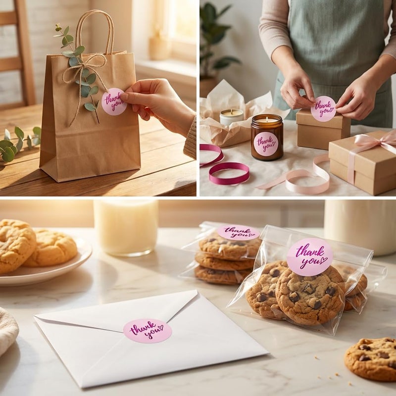 IBAKE 500 Pcs Thank You Stickers Roll – 1.5” Pink Round Labels with Purple Hot Stamping Foil Script & Heart Design, Elegant Small Business Packaging Stickers for Bags, Boxes, Envelopes & Party Favors - Image 5